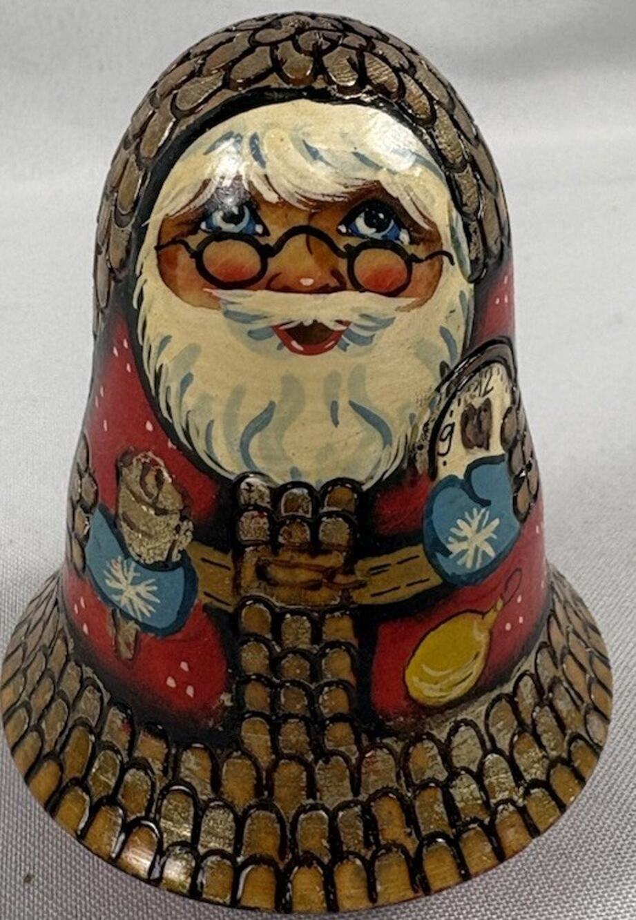 Vintage Prague Czech Santa Roly Poly Bell Hand Painted Wood Signed Christmas